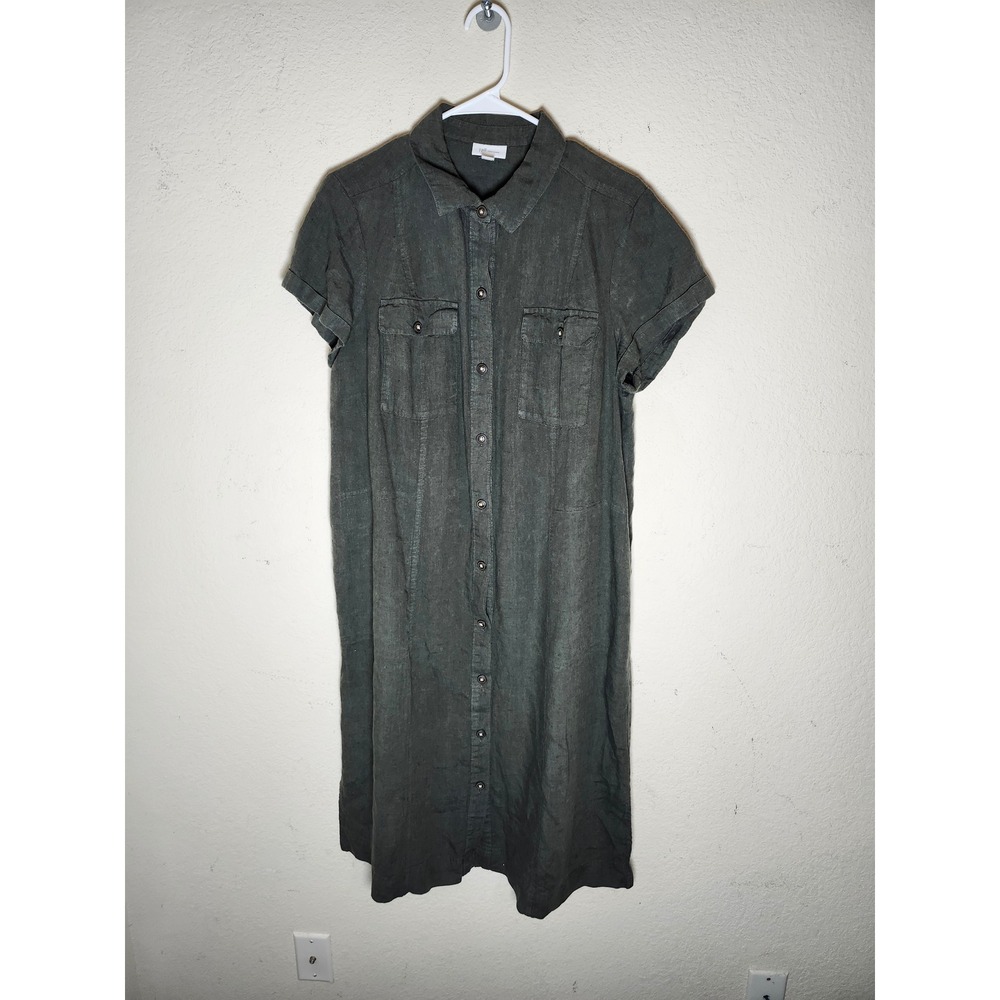 J. Jill Shirt Dress Womens 1X Gray Love Linen Short Sleeve Button Front Midi